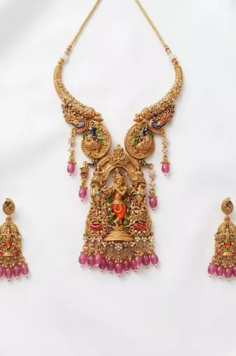 Antique gold plated south indian temple jewelry set - krishna motif necklace with jhumka earrings for weddings
