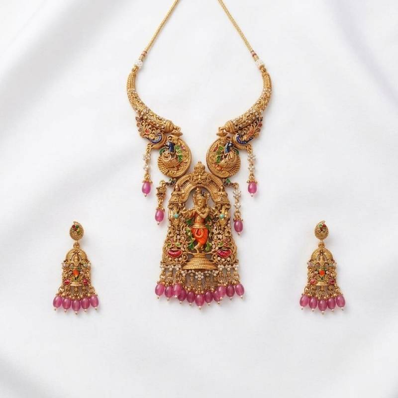 Antique gold plated south indian temple jewelry set - krishna motif necklace with jhumka earrings for weddings