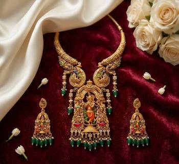 Antique gold plated south indian temple jewelry set - krishna motif necklace with jhumka earrings for weddings 1
