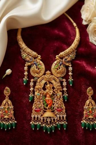 Antique gold plated south indian temple jewelry set - krishna motif necklace with jhumka earrings for weddings