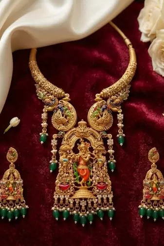 Antique gold plated south indian temple jewelry set - krishna motif necklace with jhumka earrings for weddings