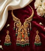 Antique gold plated south indian temple jewelry set - krishna motif necklace with jhumka earrings for weddings