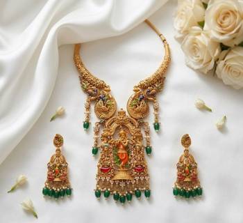 Antique gold plated south indian temple jewelry set - krishna motif necklace with jhumka earrings for weddings 2