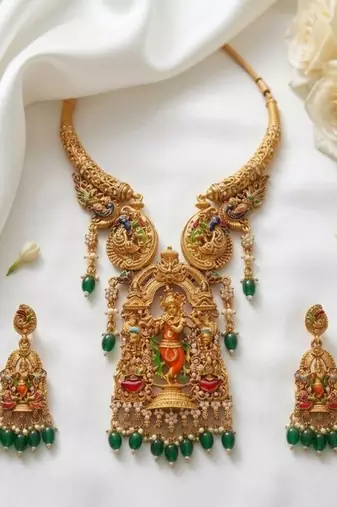 Antique gold plated south indian temple jewelry set - krishna motif necklace with jhumka earrings for weddings