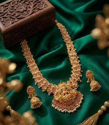 Gold plated south indian temple jewelry set long lakshmi necklace with pearl jhumka earrings bridal wedding 1
