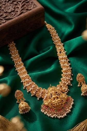 Gold plated south indian temple jewelry set long lakshmi necklace with pearl jhumka earrings bridal wedding