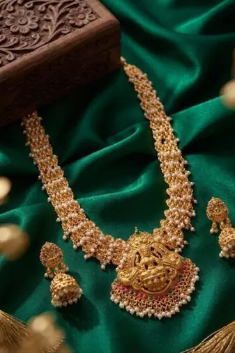 Gold plated south indian temple jewelry set long lakshmi necklace with pearl jhumka earrings bridal wedding