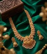 Gold plated south indian temple jewelry set long lakshmi necklace with pearl jhumka earrings bridal wedding
