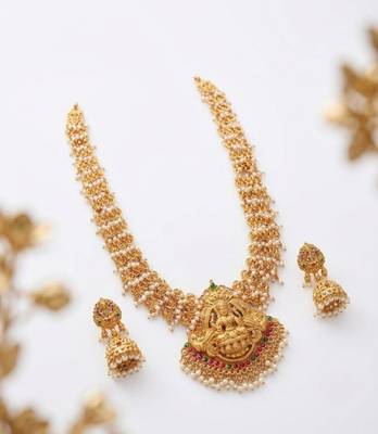 Gold plated south indian temple jewelry set long lakshmi necklace with pearl jhumka earrings bridal wedding 2