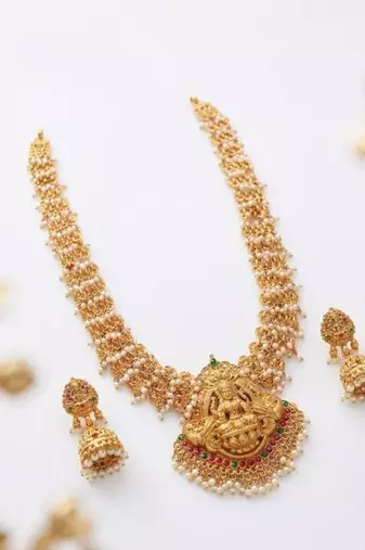 Gold plated south indian temple jewelry set long lakshmi necklace with pearl jhumka earrings bridal wedding