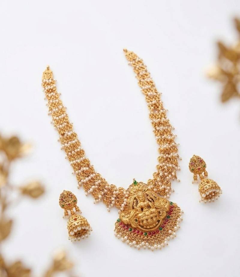 Gold plated south indian temple jewelry set long lakshmi necklace with pearl jhumka earrings bridal wedding