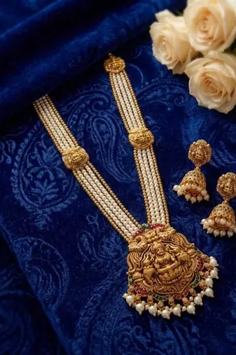 Gold plated south indian temple jewelry set - pearl mala long haram necklace with jhumka earrings for wedding
