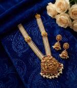 Gold plated south indian temple jewelry set - pearl mala long haram necklace with jhumka earrings for wedding