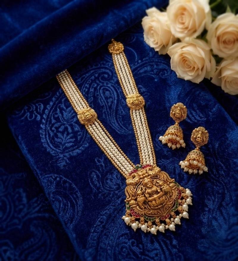 Gold plated south indian temple jewelry set - pearl mala long haram necklace with jhumka earrings for wedding
