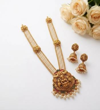 Gold plated south indian temple jewelry set - pearl mala long haram necklace with jhumka earrings for wedding 2