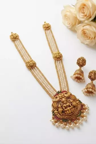 Gold plated south indian temple jewelry set - pearl mala long haram necklace with jhumka earrings for wedding