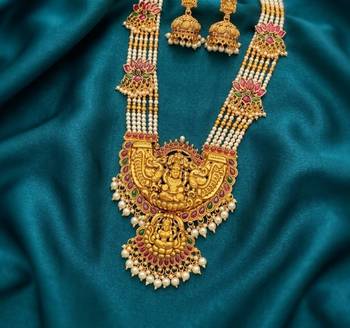 Gold temple jewelry set with long haram necklace & jhumka earrings | south indian bridal wedding jewelry 1
