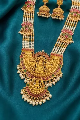 Gold temple jewelry set with long haram necklace & jhumka earrings | south indian bridal wedding jewelry