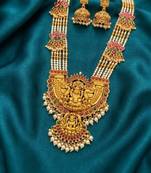 Gold temple jewelry set with long haram necklace & jhumka earrings | south indian bridal wedding jewelry
