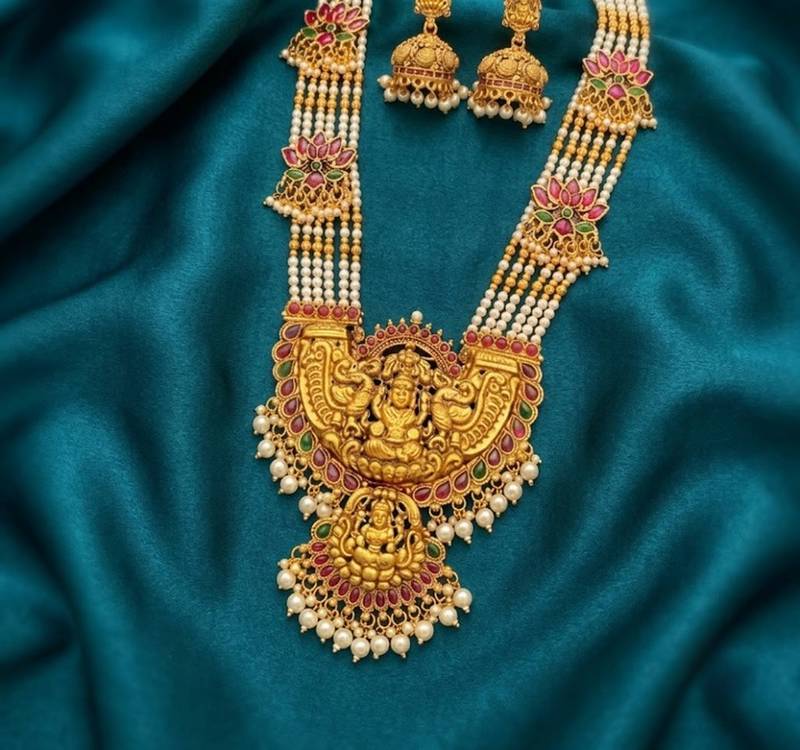 Gold temple jewelry set with long haram necklace & jhumka earrings | south indian bridal wedding jewelry