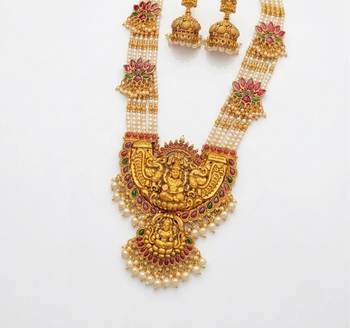 Gold temple jewelry set with long haram necklace & jhumka earrings | south indian bridal wedding jewelry 2
