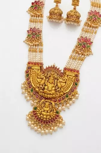 Gold temple jewelry set with long haram necklace & jhumka earrings | south indian bridal wedding jewelry