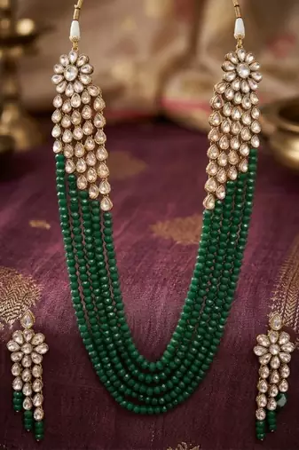 Luxury kundan green crystal statement necklace set | traditional indian wedding jewelry