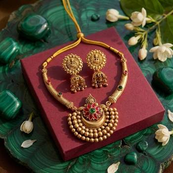 Antique gold plated temple jewelry set - traditional indian necklace with jhumka earrings for bridal wedding & festival 1