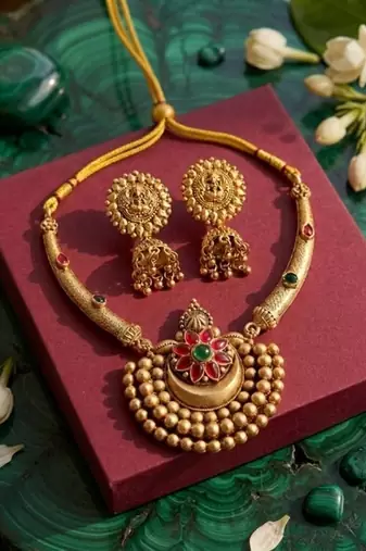 Antique gold plated temple jewelry set - traditional indian necklace with jhumka earrings for bridal wedding & festival