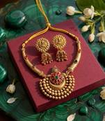 Antique gold plated temple jewelry set - traditional indian necklace with jhumka earrings for bridal wedding & festival