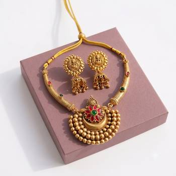 Antique gold plated temple jewelry set - traditional indian necklace with jhumka earrings for bridal wedding & festival 2