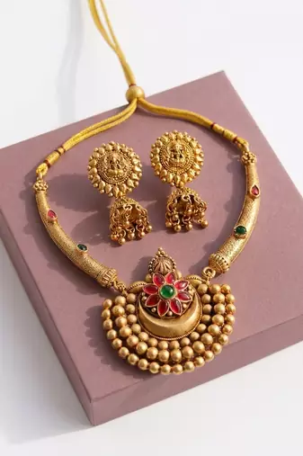 Antique gold plated temple jewelry set - traditional indian necklace with jhumka earrings for bridal wedding & festival