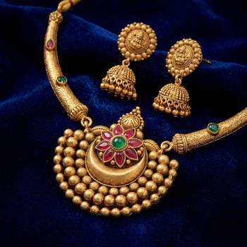 Antique gold plated temple jewelry set - traditional indian necklace with jhumka earrings for bridal wedding & festival 1