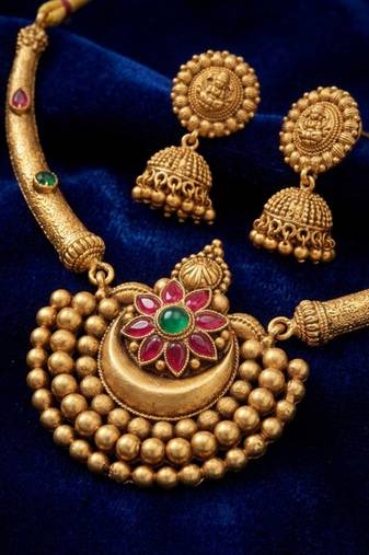 Antique gold plated temple jewelry set - traditional indian necklace with jhumka earrings for bridal wedding & festival