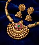 Antique gold plated temple jewelry set - traditional indian necklace with jhumka earrings for bridal wedding & festival