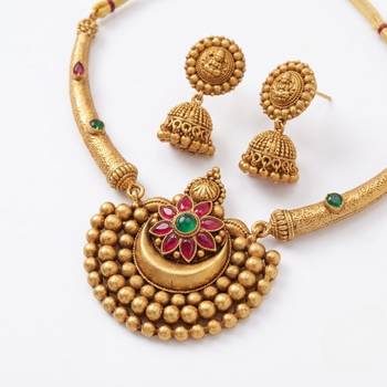 Antique gold plated temple jewelry set - traditional indian necklace with jhumka earrings for bridal wedding & festival 2