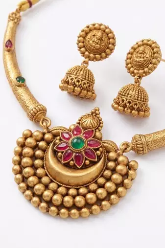 Antique gold plated temple jewelry set - traditional indian necklace with jhumka earrings for bridal wedding & festival