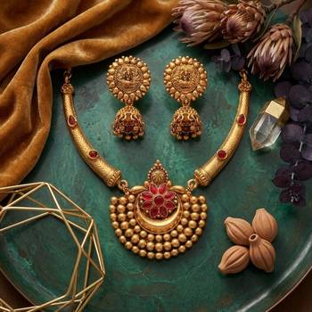 Antique gold plated temple jewelry set - traditional indian necklace with jhumka earrings for bridal wedding & festival 1
