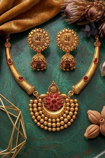 Antique gold plated temple jewelry set - traditional indian necklace with jhumka earrings for bridal wedding & festival