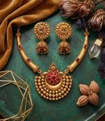 Antique gold plated temple jewelry set - traditional indian necklace with jhumka earrings for bridal wedding & festival