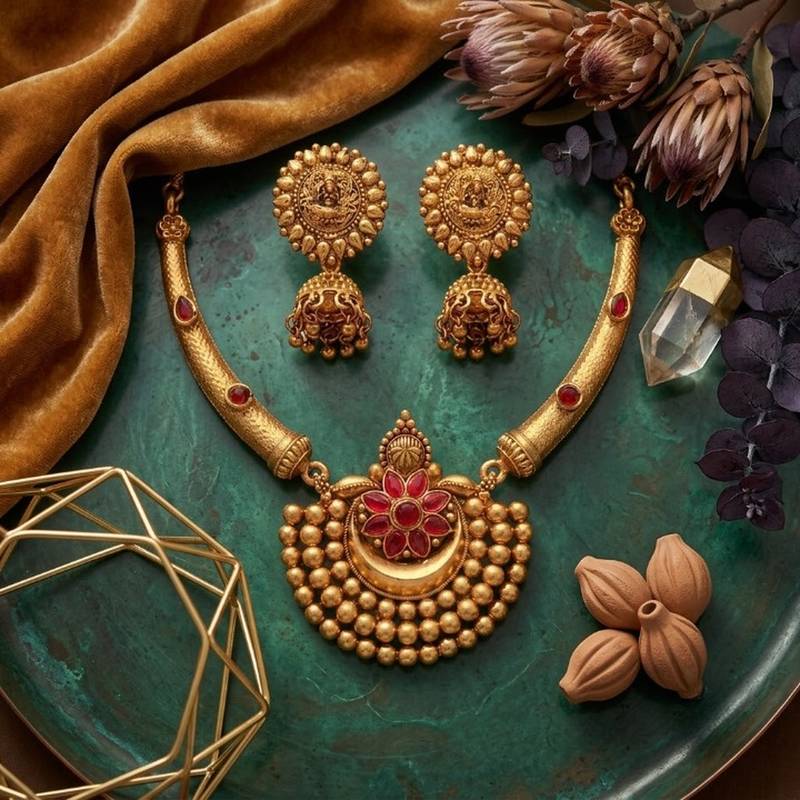 Antique gold plated temple jewelry set - traditional indian necklace with jhumka earrings for bridal wedding & festival