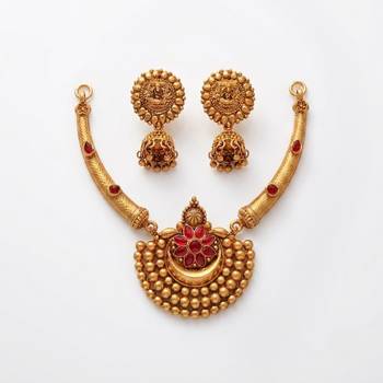 Antique gold plated temple jewelry set - traditional indian necklace with jhumka earrings for bridal wedding & festival 2