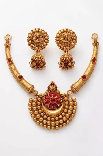 Antique gold plated temple jewelry set - traditional indian necklace with jhumka earrings for bridal wedding & festival