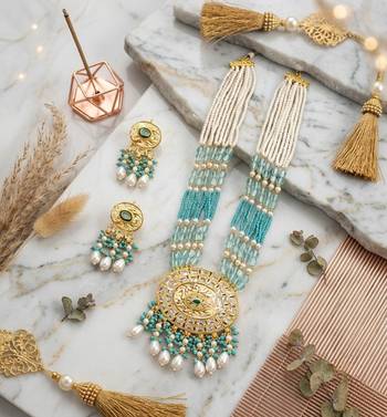 Kundan necklace set with turquoise beads & pearls | antique gold plated bollywood bridal wedding jewelry for women 1