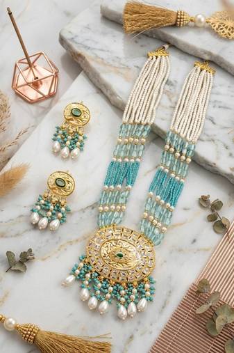 Kundan necklace set with turquoise beads & pearls | antique gold plated bollywood bridal wedding jewelry for women