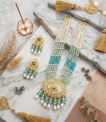 Kundan necklace set with turquoise beads & pearls | antique gold plated bollywood bridal wedding jewelry for women