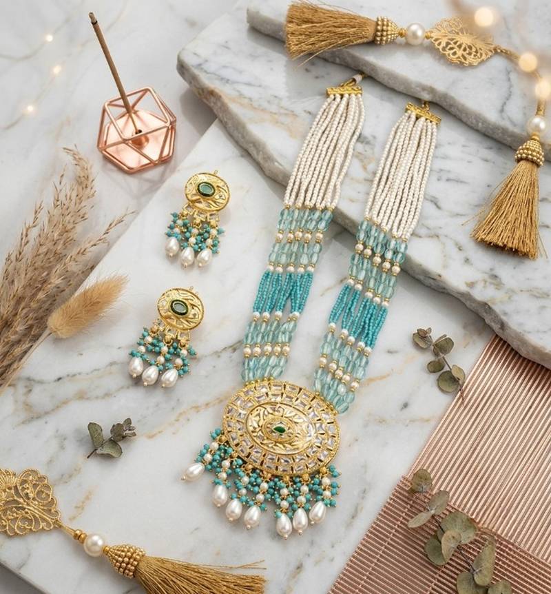 Kundan necklace set with turquoise beads & pearls | antique gold plated bollywood bridal wedding jewelry for women