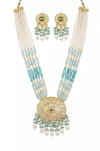 Kundan necklace set with turquoise beads & pearls | antique gold plated bollywood bridal wedding jewelry for women