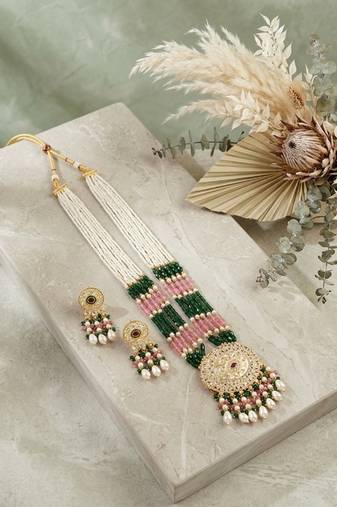 Kundan necklace set with mulitcolor beads & pearls | antique gold plated bollywood bridal wedding jewelry for women