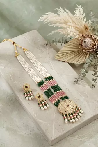 Kundan necklace set with mulitcolor beads & pearls | antique gold plated bollywood bridal wedding jewelry for women